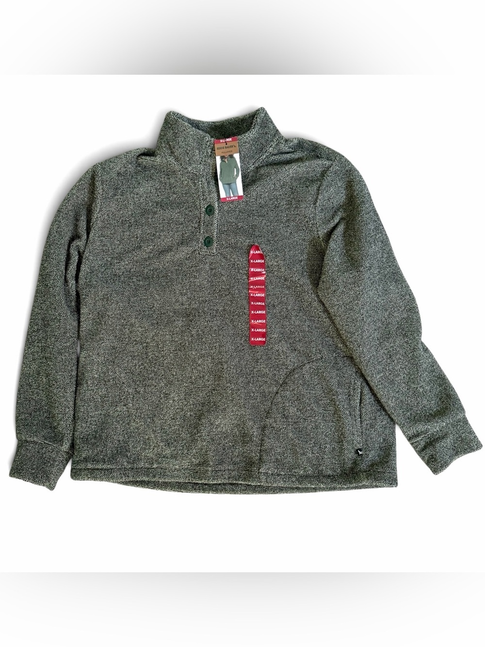 Eddie Bauer Fleece Mock Neck Cozy Sweater Womens XL Heather Green 3/4 Button